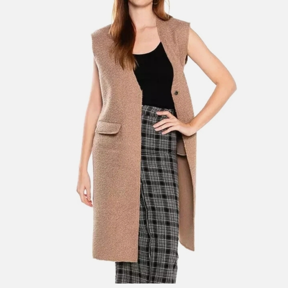 ZARA Bouclé Long Vest Sweater Jacket Taupe Mink Brown.Small.NWT